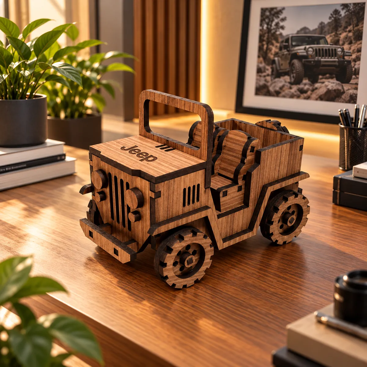 Miniatura de Jeep em MDF montada em camadas