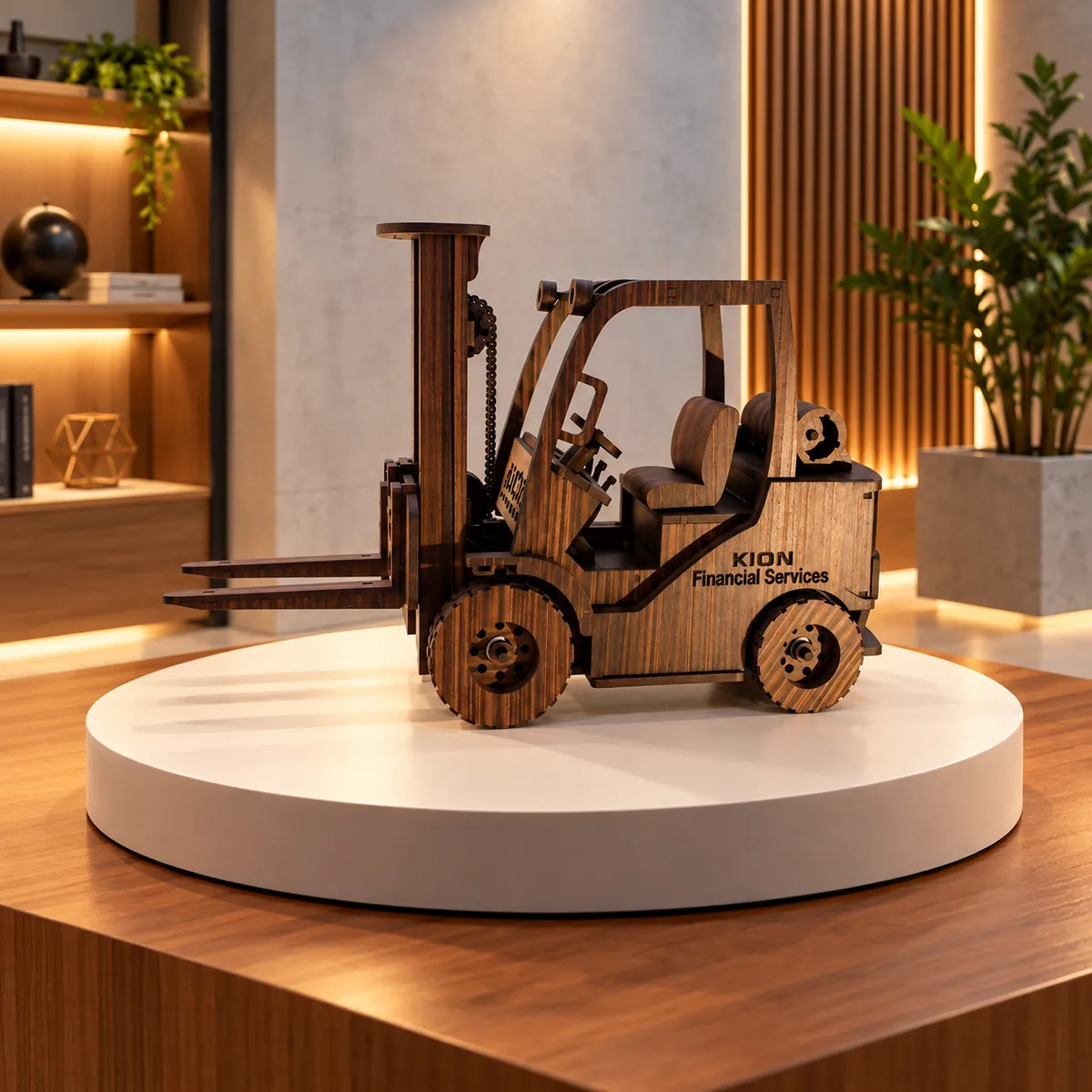 Miniatura de empilhadeira em MDF com a marca KION gravada